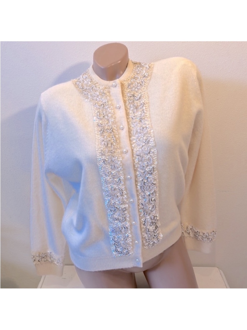 Vintage Angora Beaded Sequin Long Sleeve Cream Sweater
